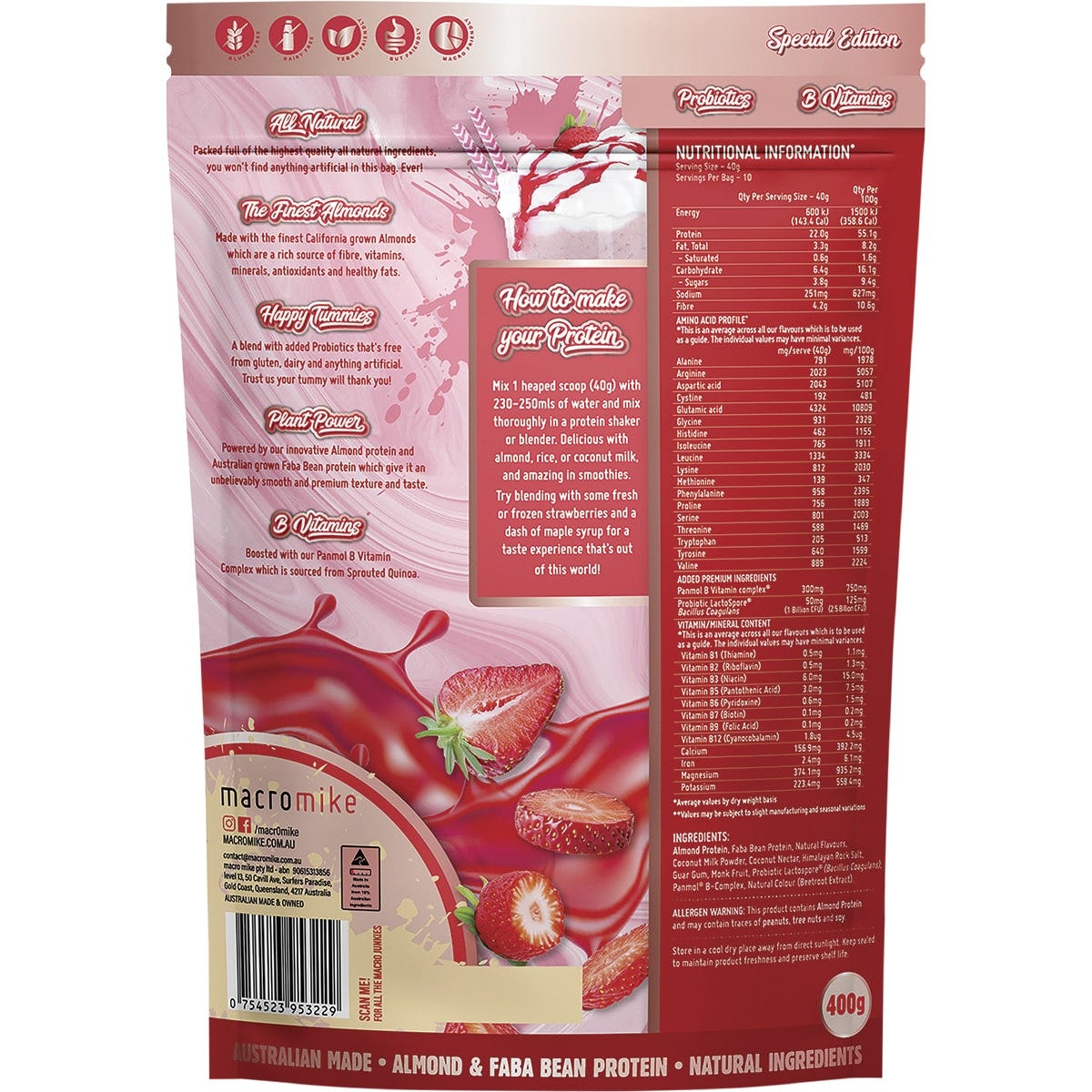 Macro Mike Strawberry Thick Shake 400g bag with a pink and white label on a white background.