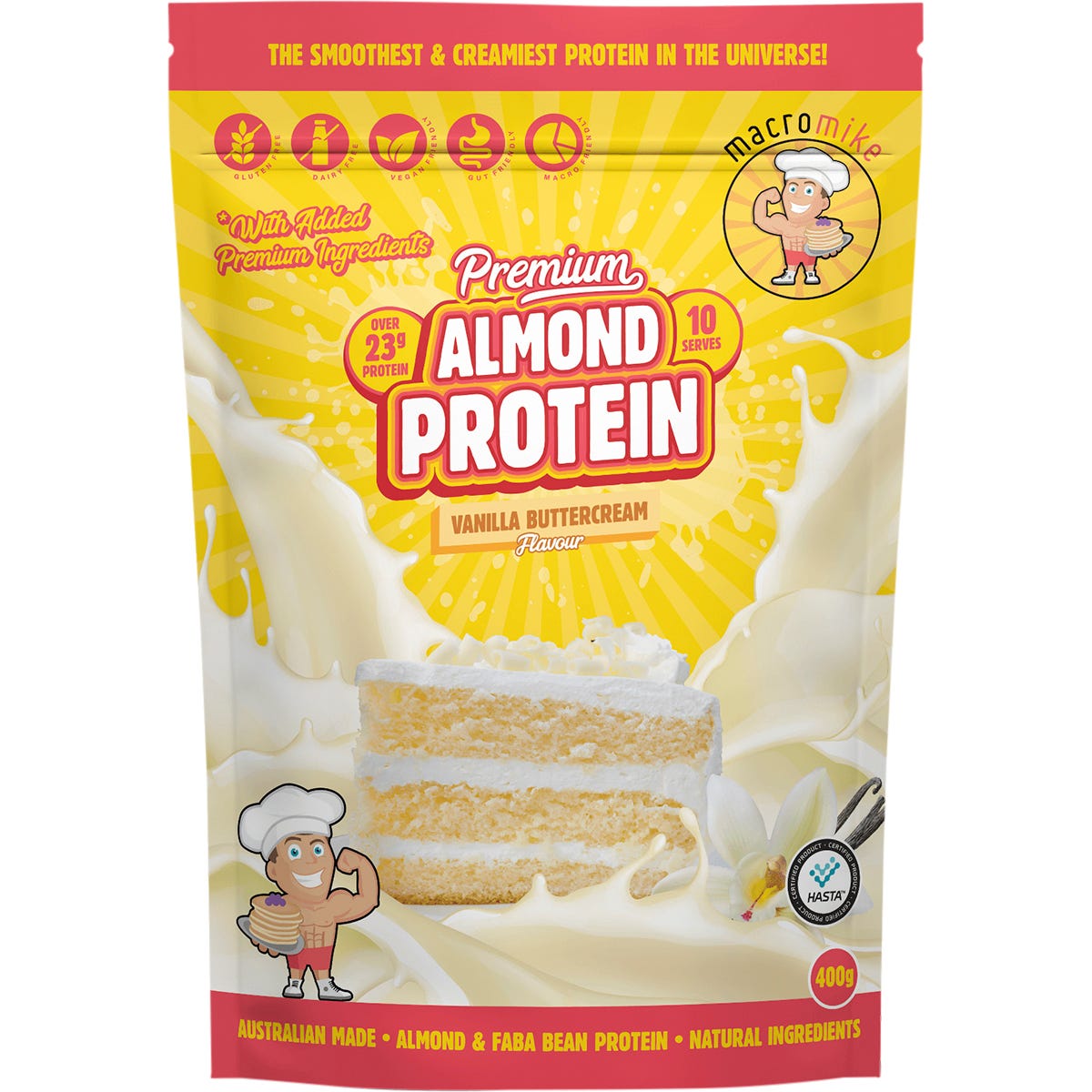 400g bag of Macro Mike Premium Almond Protein in Vanilla Buttercream flavor on a white background.