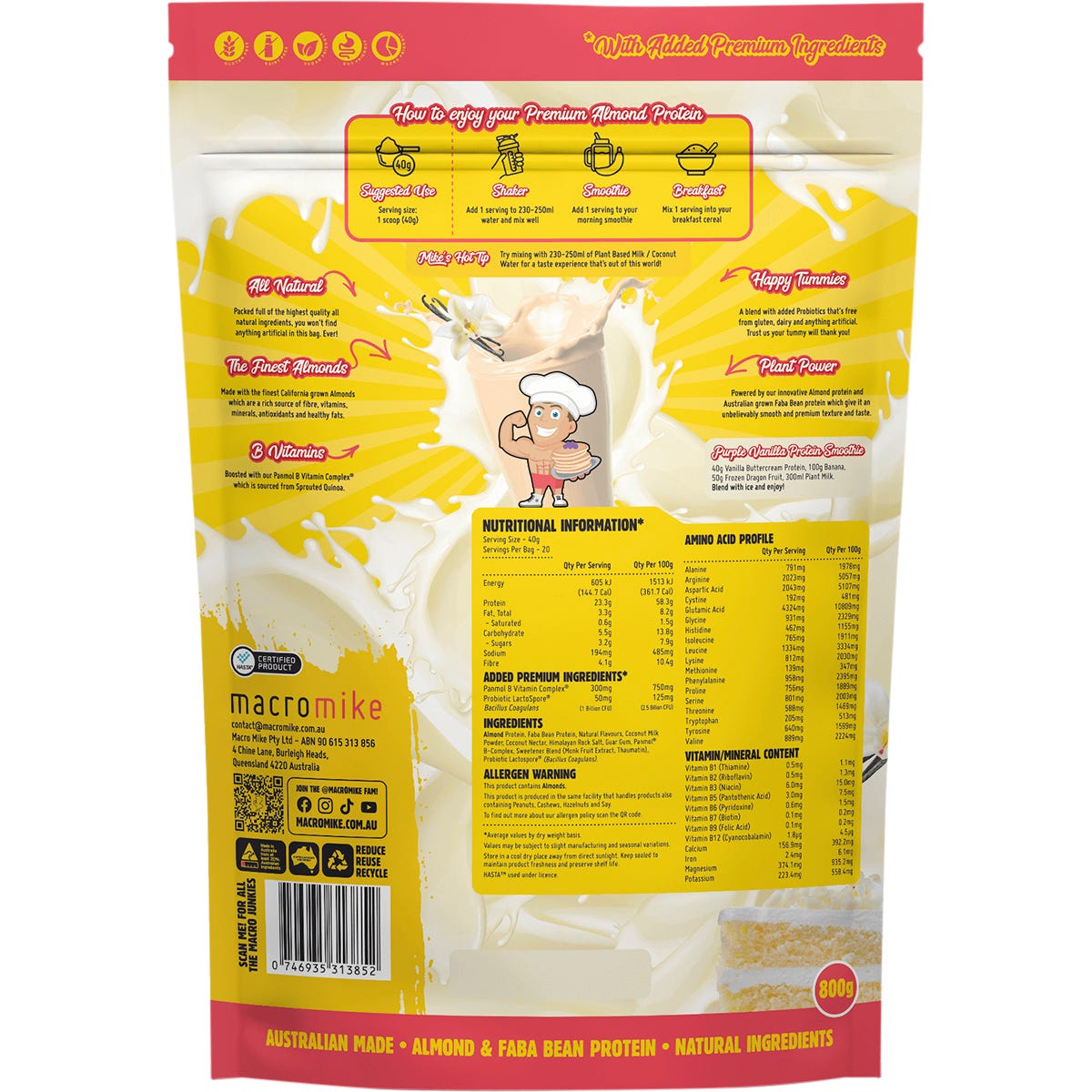 Vanilla Buttercream Macro Mike Premium Almond Protein 800g bag on a white background.