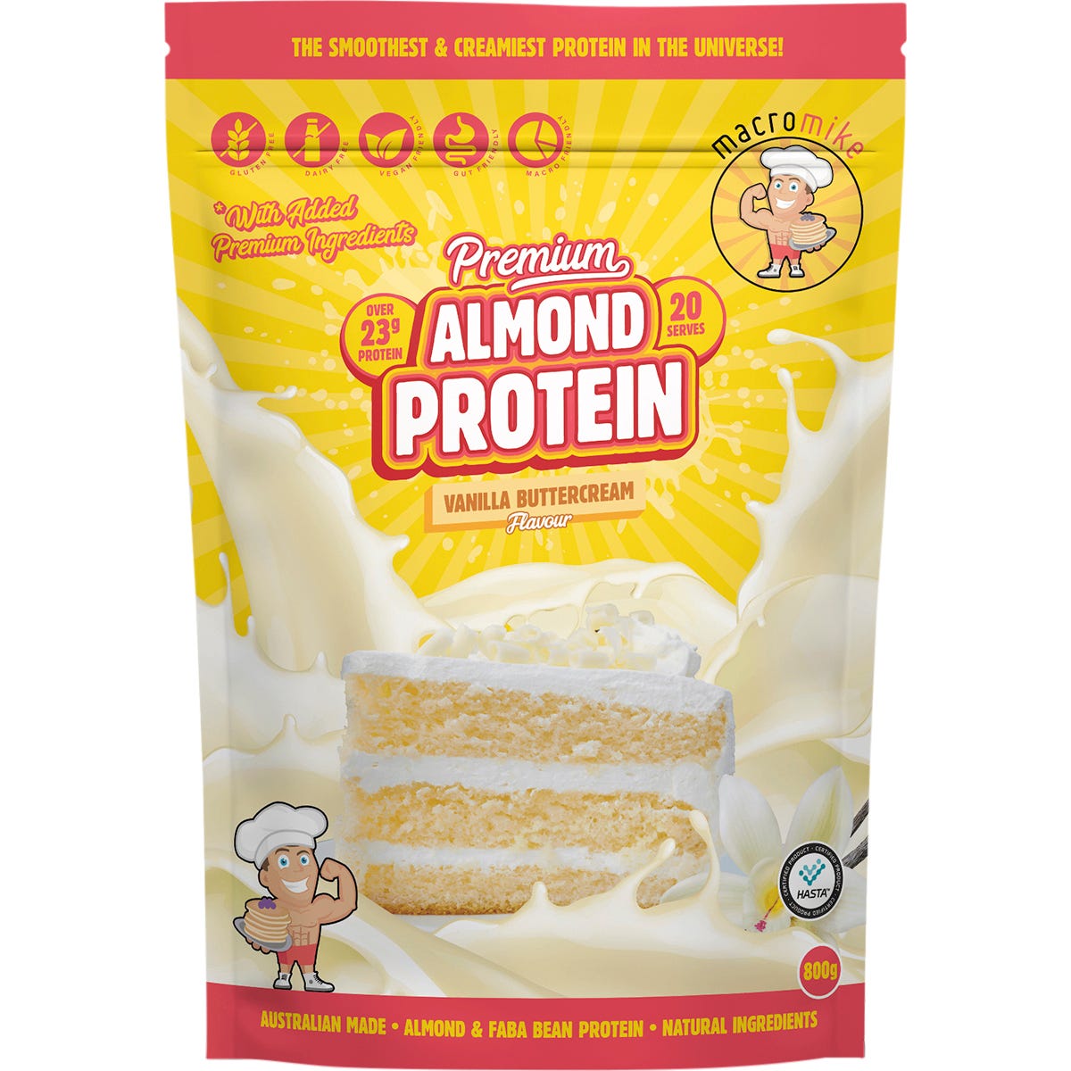 800g bag of Macro Mike Premium Almond Protein in Vanilla Buttercream flavor on a white background.