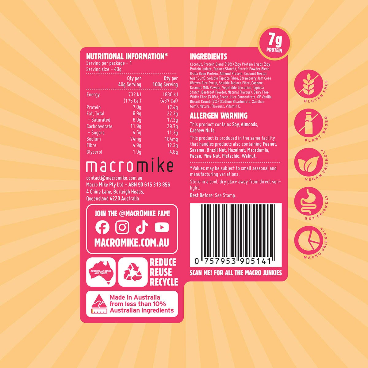 MACRO MIKE Protein Ball Jam Donut 40g (Pack of 12) Payless 4 Organics