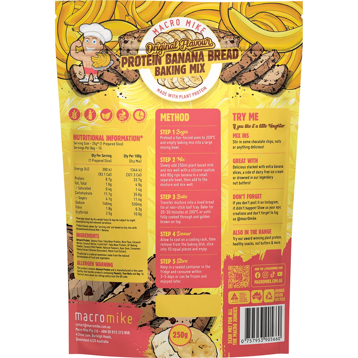 Macro Mike 250g Protein Banana Bread Baking Mix bag featuring a slice of banana bread on a white background.