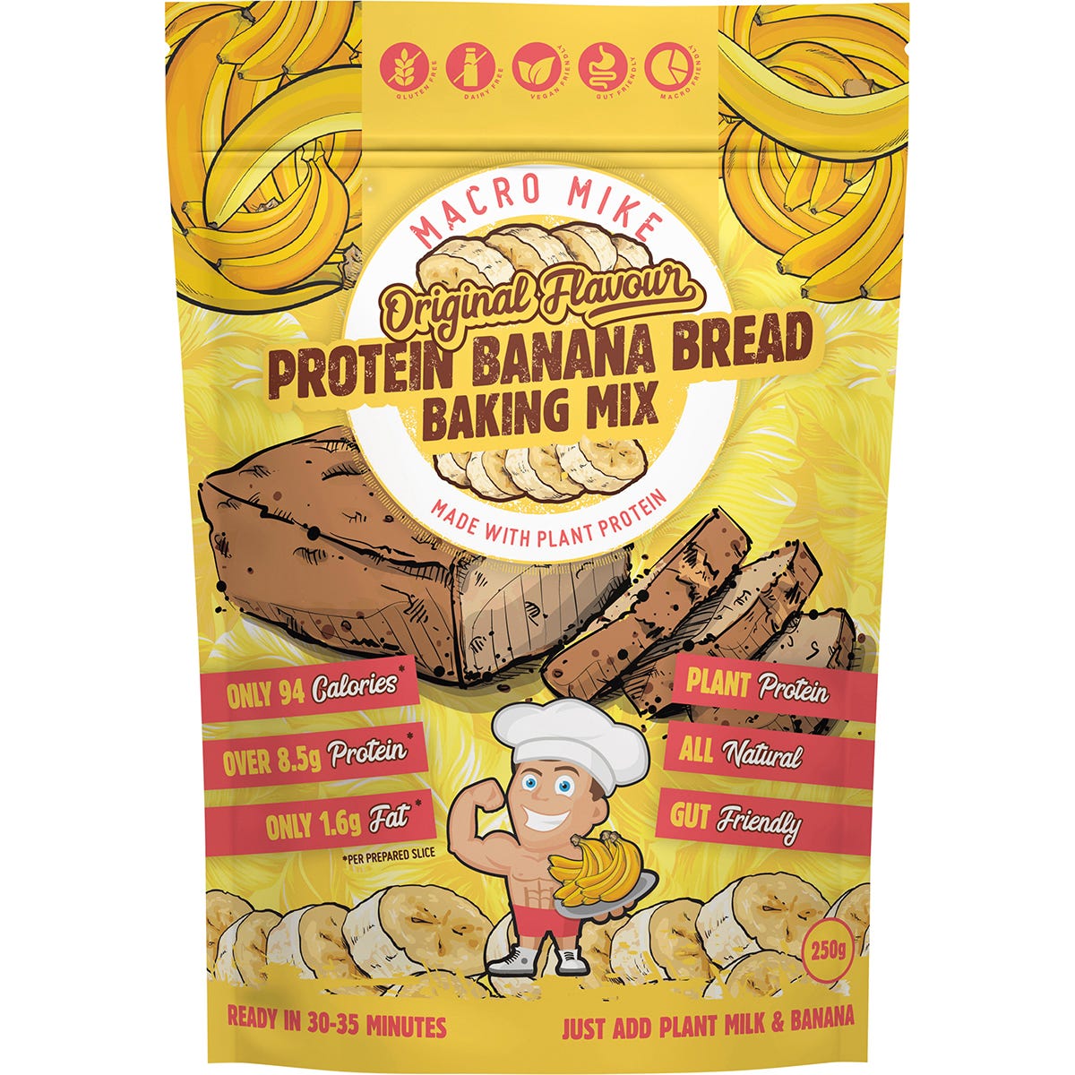 250g bag of Macro Mike Protein Banana Bread Baking Mix featuring a slice of banana bread on the label.
