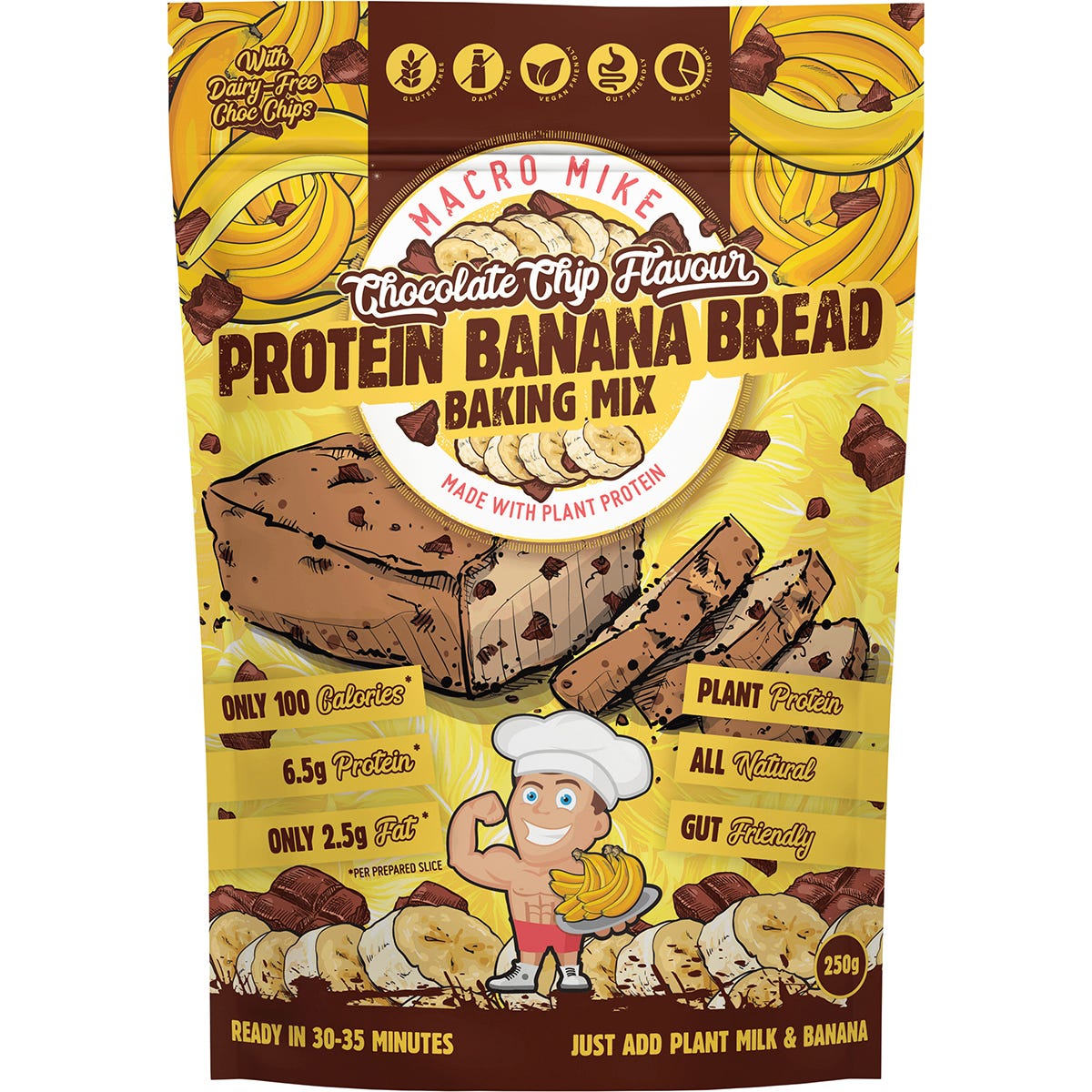 Macro Mike 250g Chocolate Chip Protein Banana Bread Baking Mix bag with a slice of banana bread and choc chips.
