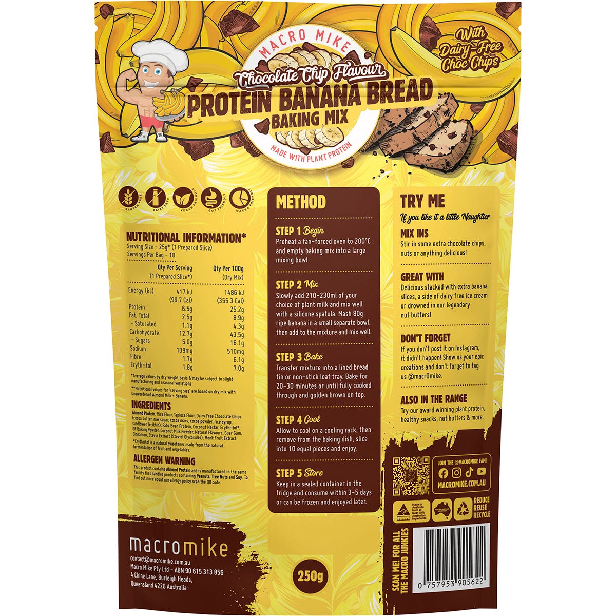 Back of Macro Mike 250g Chocolate Chip Protein Banana Bread mix bag showing nutritional facts and ingredients.