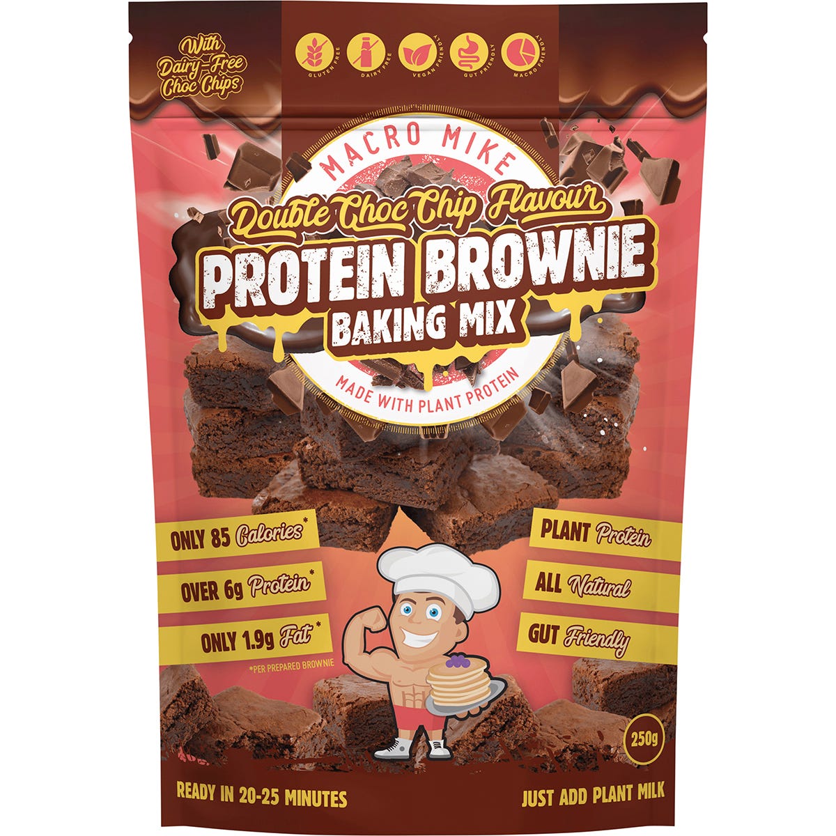 250g bag of Macro Mike Double Choc Protein Brownie Baking Mix with a stack of fudgy brownies and chocolate chunks.