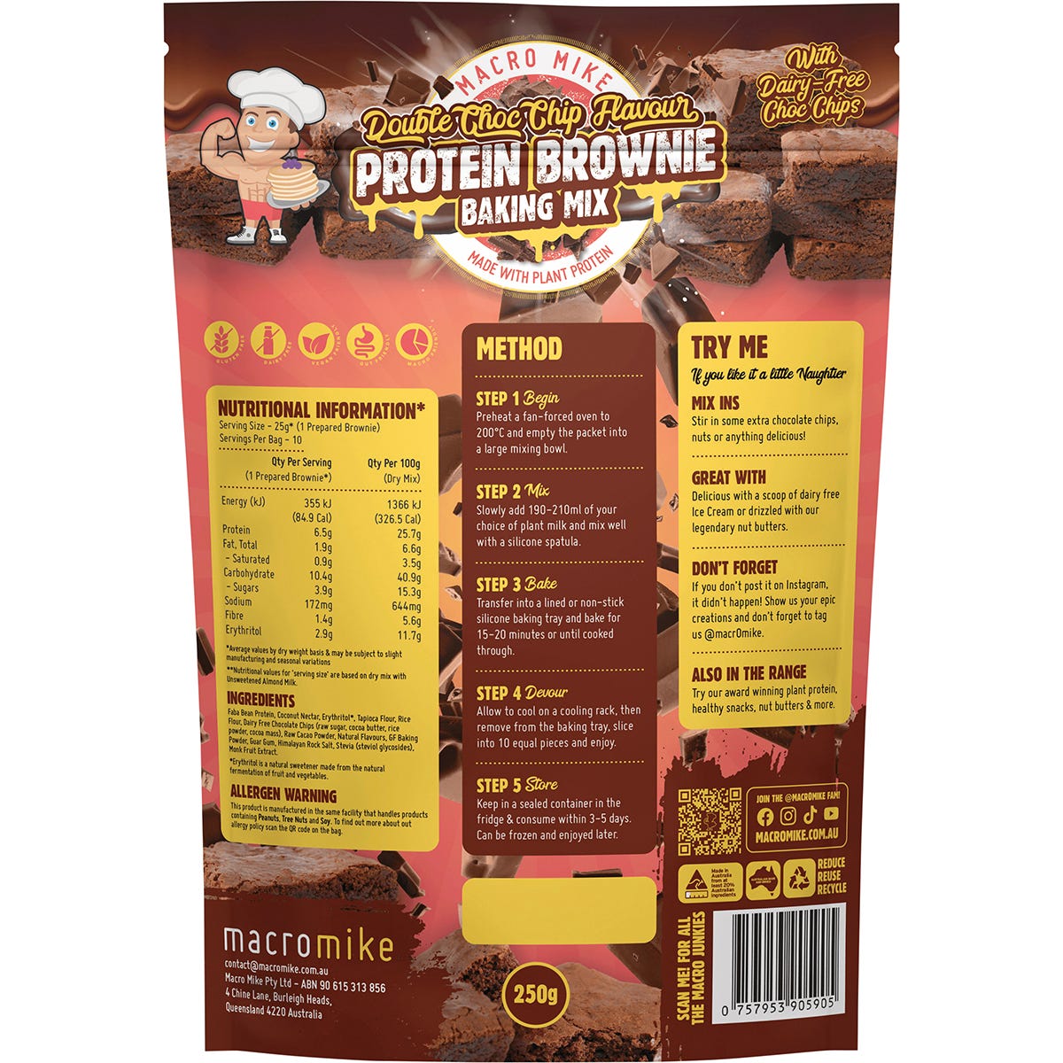 Macro Mike 250g Double Choc Protein Brownie Baking Mix bag on a white background.