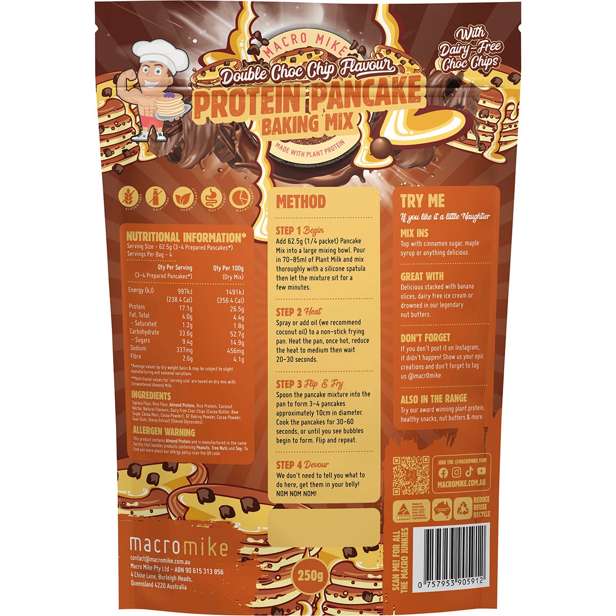 Macro Mike Double Choc Chip Protein Pancake Mix 250g bag on a white background.