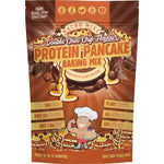 250g bag of Macro Mike Double Choc Chip Protein Pancake Baking Mix with a stack of pancakes and chocolate chips.
