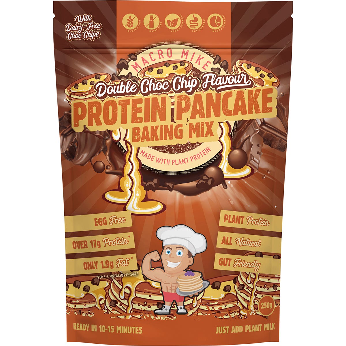 250g bag of Macro Mike Double Choc Chip Protein Pancake Baking Mix with a stack of pancakes and chocolate chips.