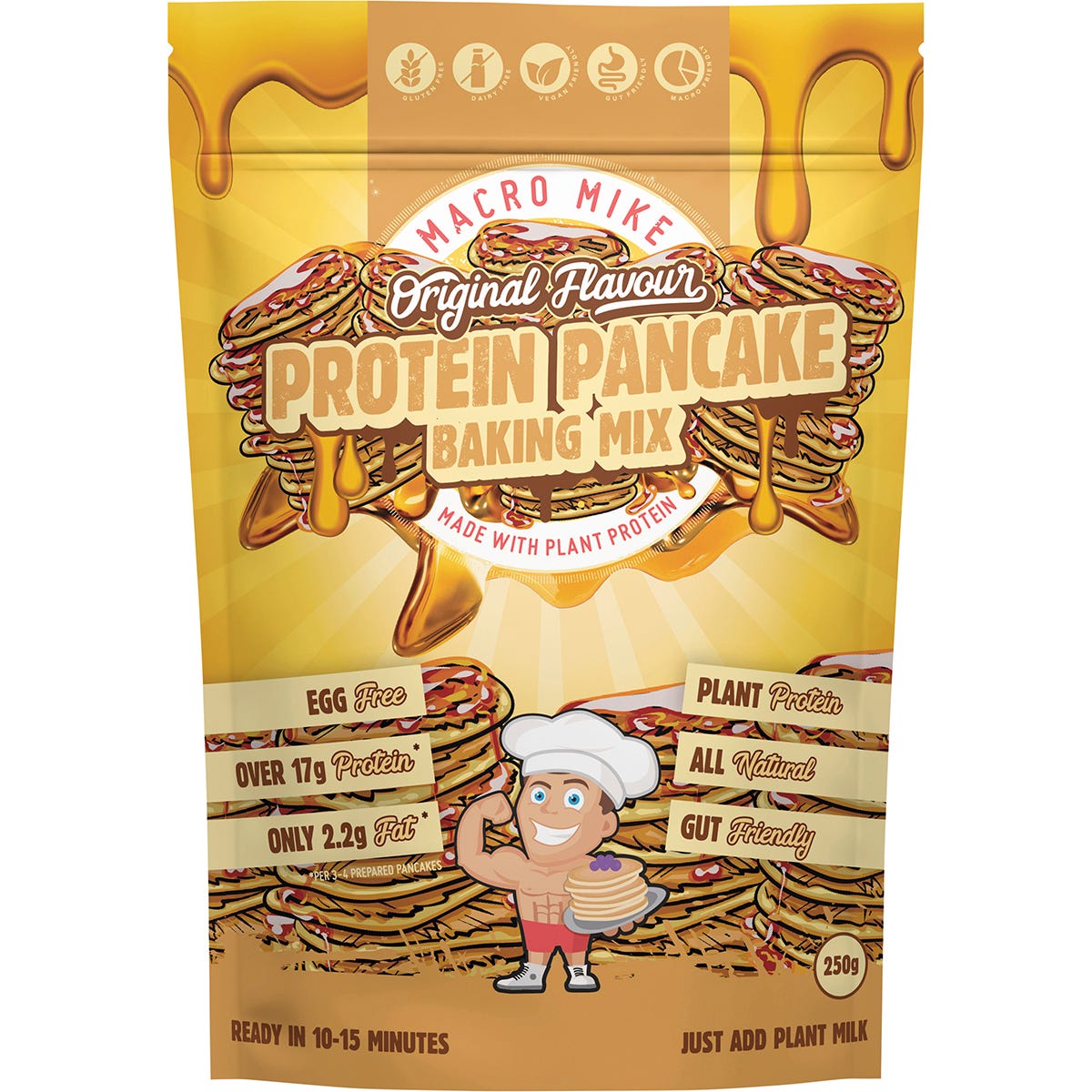 Macro Mike Protein Pancake Baking Mix Original 250g bag on a white background with a stack of pancakes.