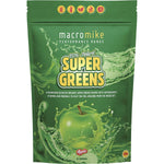 300g bag of Macro Mike Super Greens in Apple flavor, containing organic barley grass, spirulina, and kale powder.