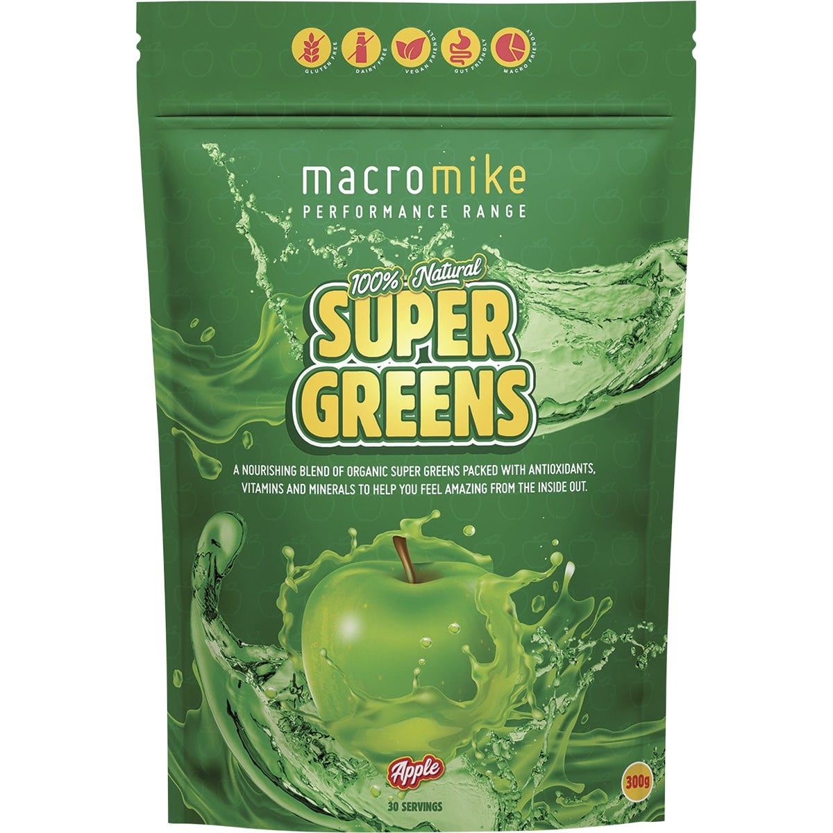300g bag of Macro Mike Super Greens in Apple flavor, containing organic barley grass, spirulina, and kale powder.