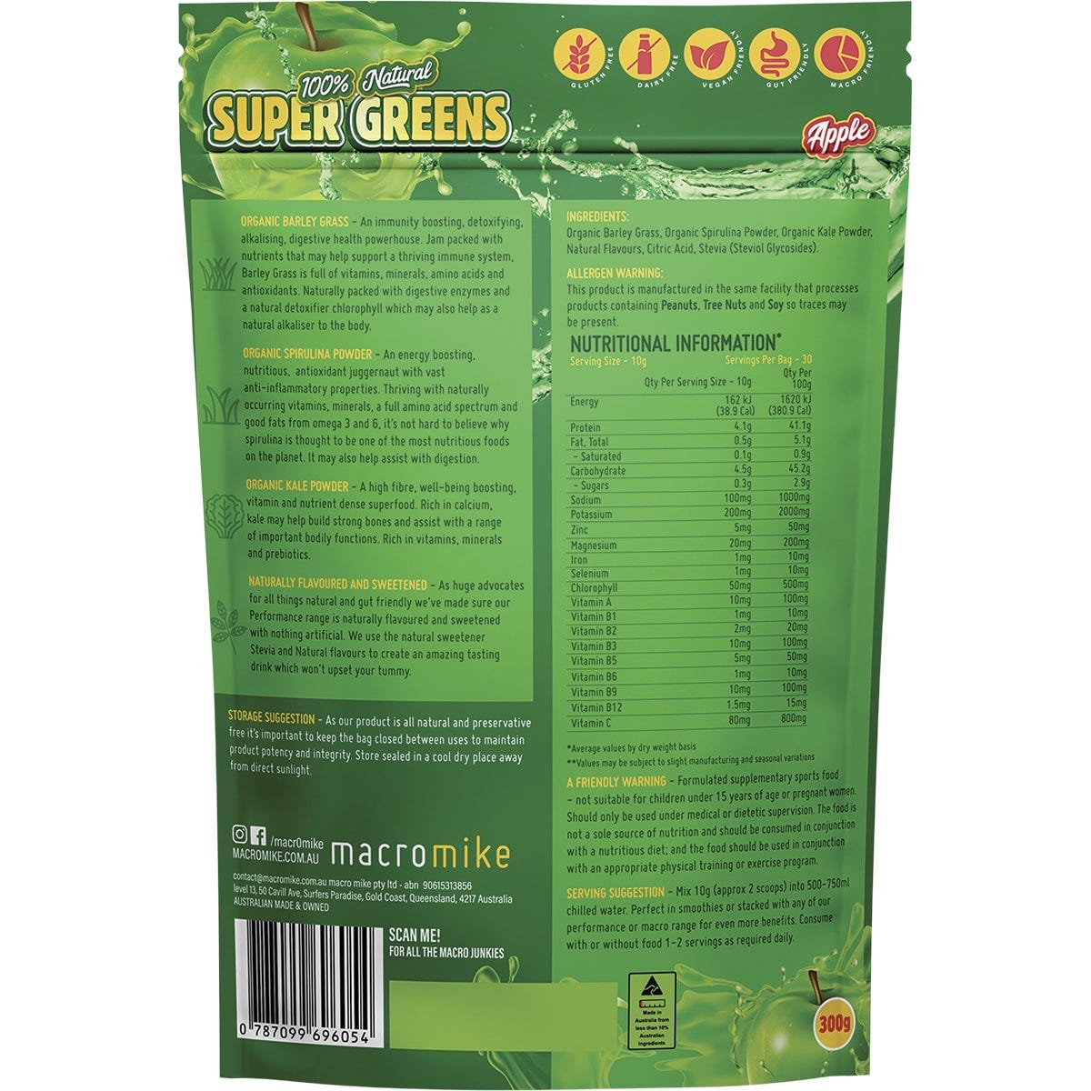 MACRO MIKE Super Greens Apple 300g Payless 4 Organics