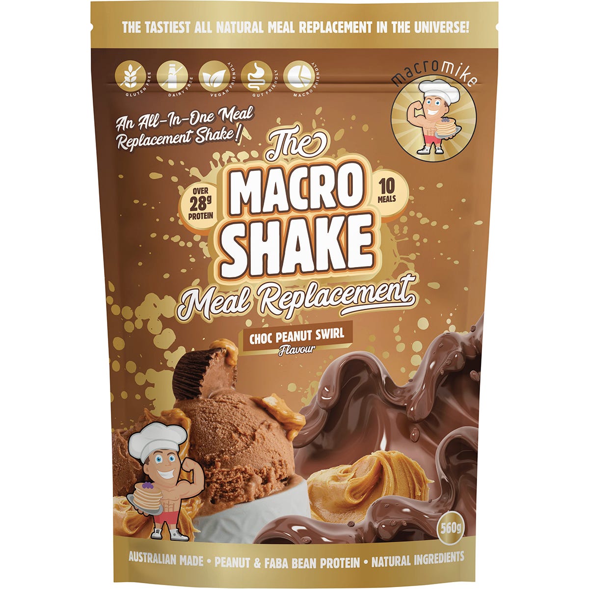 560g bag of Macro Mike The Macro Shake Meal Replacement in Choc Peanut Swirl flavor with a brown and gold label.