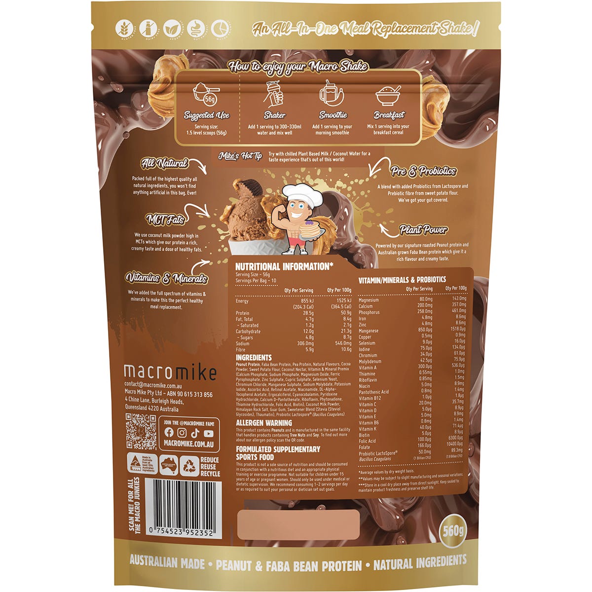 MACRO MIKE The Macro Shake Meal Replacement Choc Peanut Swirl 560g Payless 4 Organics