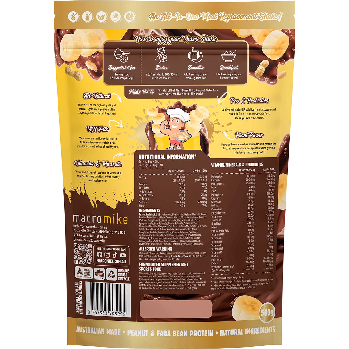 MACRO MIKE The Macro Shake Meal Replacement PB Chocolate Banana 560g Payless 4 Organics