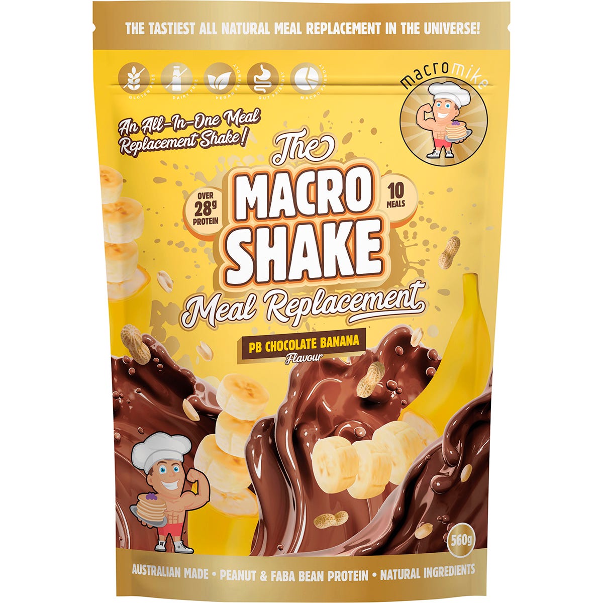Macro Mike The Macro Shake PB Chocolate Banana 560g bag with a peanut, chocolate, and banana illustration.