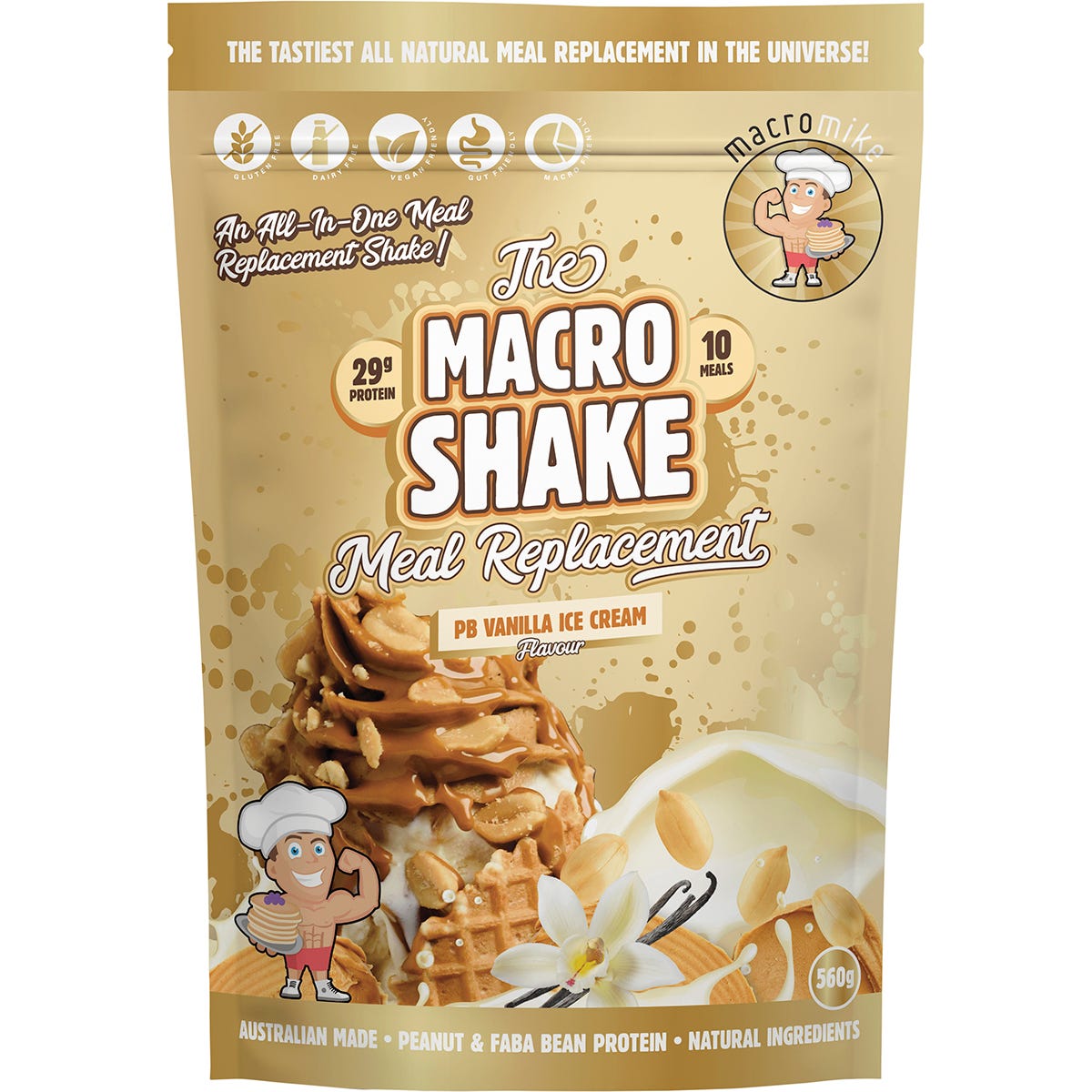 560g bag of Macro Mike PB Vanilla Ice Cream The Macro Shake with peanut protein and botanical illustrations.