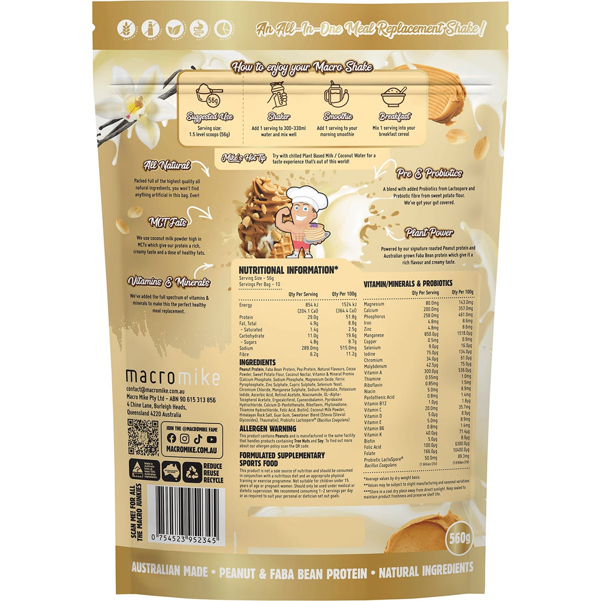 MACRO MIKE The Macro Shake Meal Replacement PB Vanilla Ice Cream 560g Payless 4 Organics