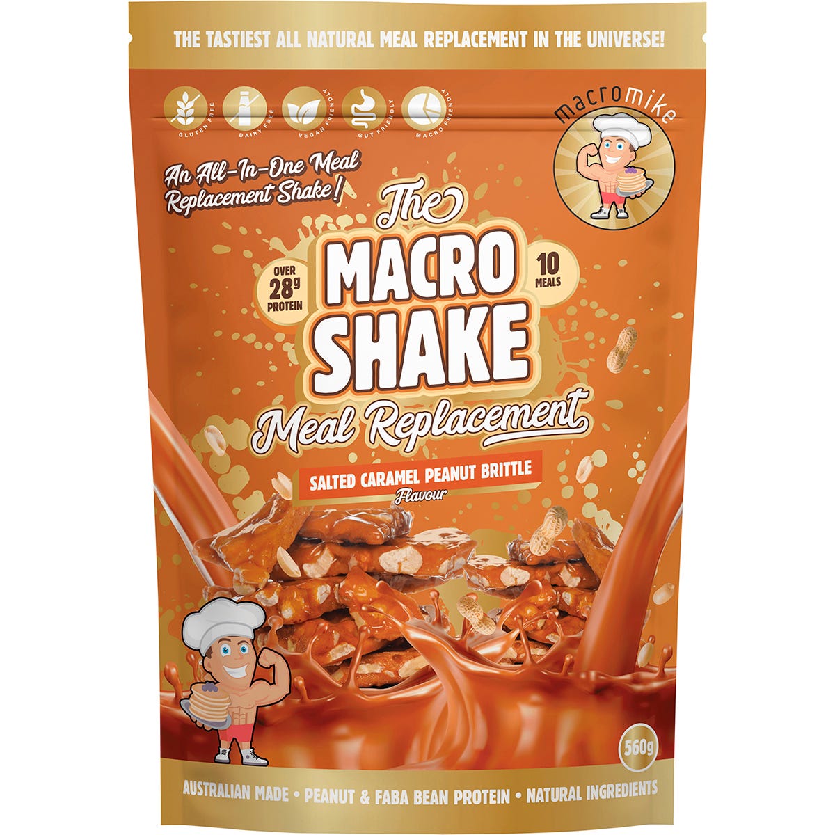 Macro Mike Salted Caramel Peanut 560g meal replacement shake bag with plant-based protein and caramel illustrations.
