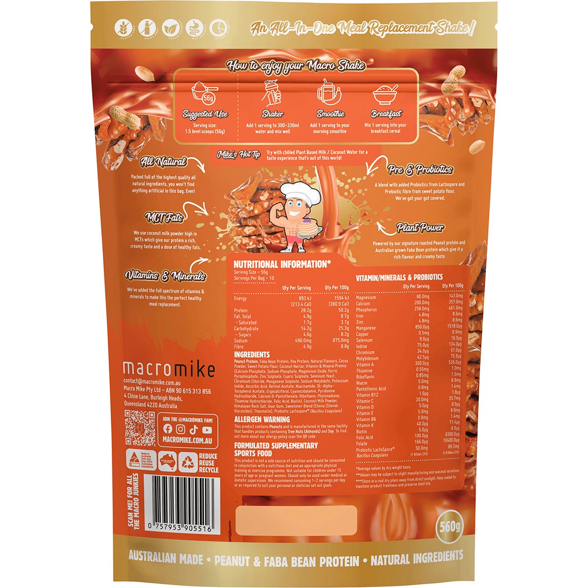 Macro Mike Salted Caramel Peanut Brittle 560g shake bag with plant-based protein and caramel illustrations.