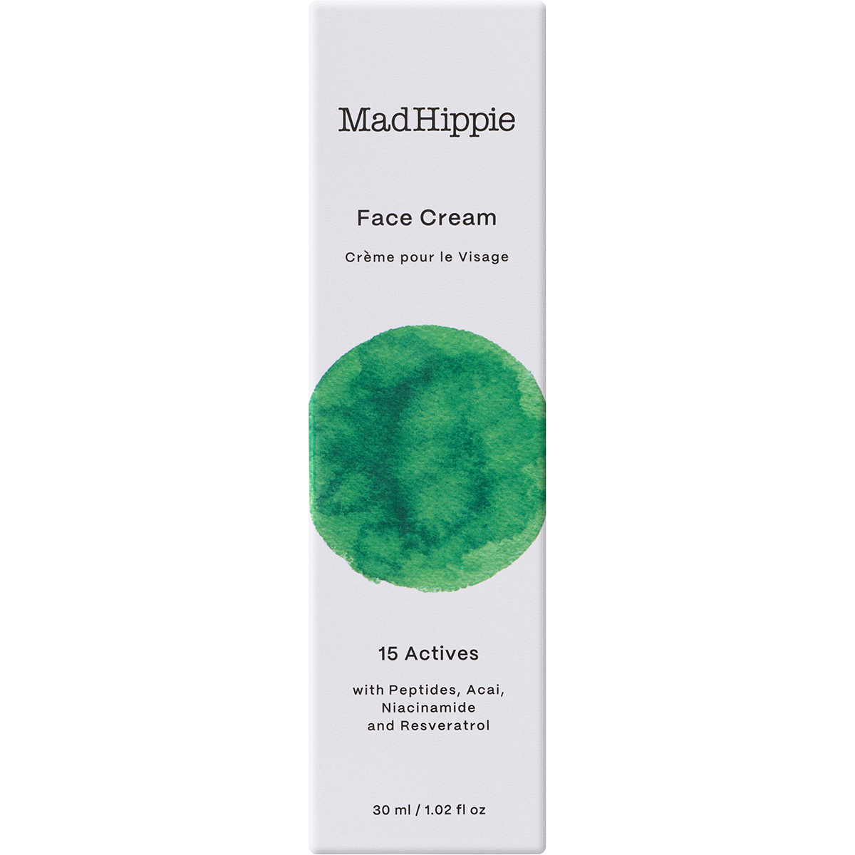 Mad Hippie Face Cream in a tall white rectangular box with black text and a green watercolor circle on the front, shown against a plain white background.