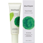 Mad Hippie Face Cream shown as a white squeeze tube next to its matching white outer box, featuring a green watercolor circle graphic and black text on a clean white background.