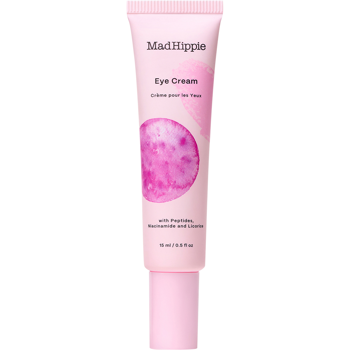Mad Hippie Eye Cream in a light pink squeeze tube with a matching pink cap, featuring a pink watercolor circle graphic on the front.