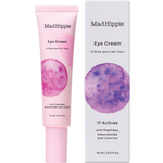 Mad Hippie Eye Cream shown as a pink squeeze tube next to its white packaging box, both featuring a purple watercolor circle graphic and black text.