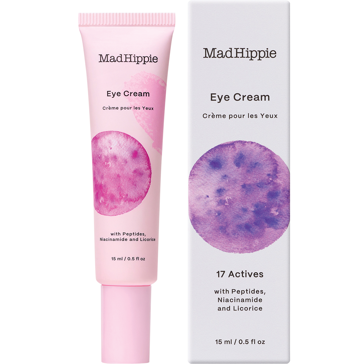 Mad Hippie Eye Cream shown as a pink squeeze tube next to its white packaging box, both featuring a purple watercolor circle graphic and black text.