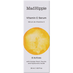 Mad Hippie Vitamin C Serum box in white packaging with a large yellow-orange watercolor circle on the front and black text.