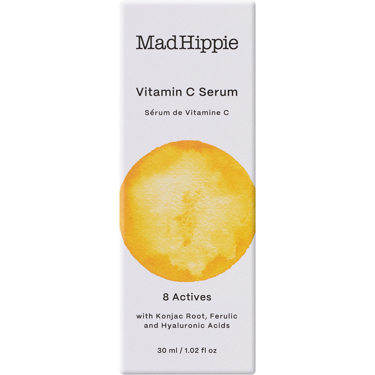 Mad Hippie Vitamin C Serum box in white packaging with a large yellow-orange watercolor circle on the front and black text.