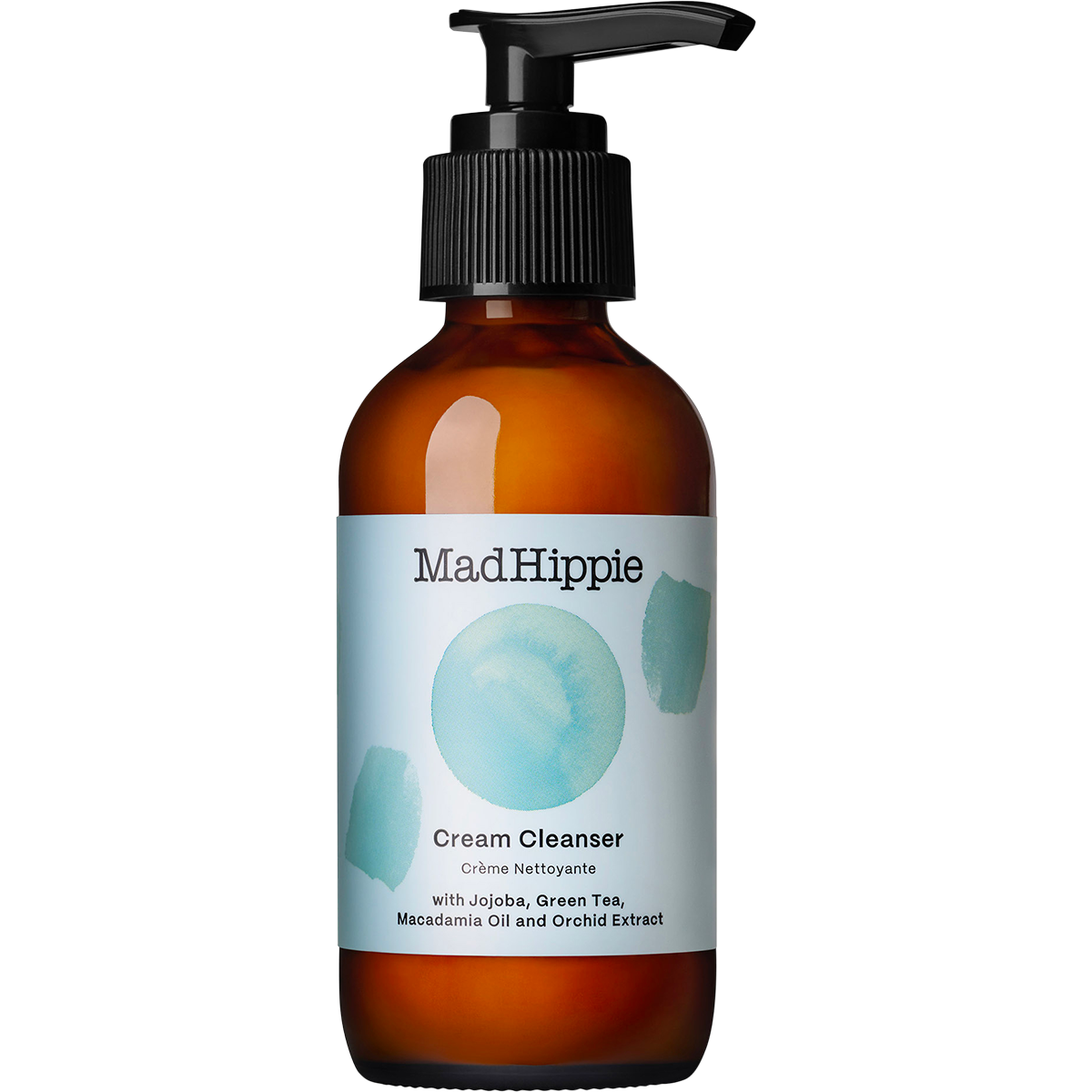 Mad Hippie Cream Cleanser in an amber glass bottle with a black pump dispenser and a light blue label, shown on a plain white background.