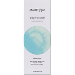Mad Hippie Cream Cleanser box packaging, featuring a white background with a large light blue watercolor circle in the center and black text detailing the product and ingredients.