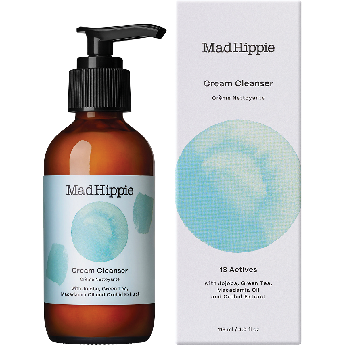 Mad Hippie Cream Cleanser bottle and packaging on a beige background