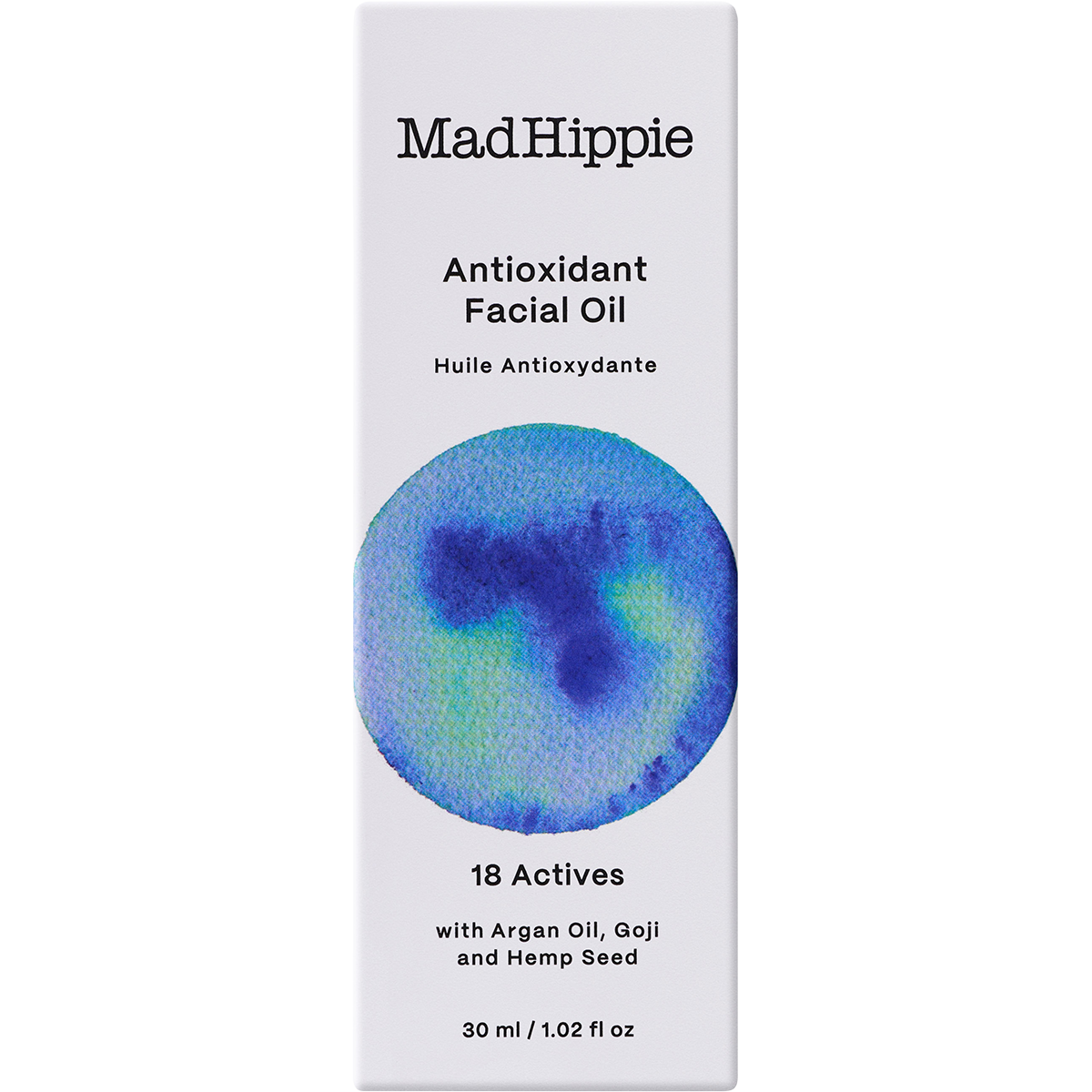 Mad Hippie Antioxidant Facial Oil packaging on a beige background