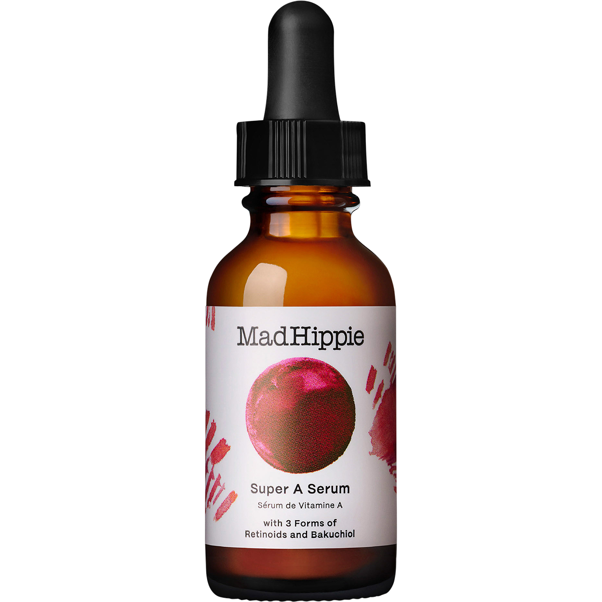 Mad Hippie Super A Serum in an amber glass dropper bottle with a black cap and a white label featuring a red circular graphic.