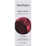 Mad Hippie Super A Serum box packaging, featuring a white rectangular box with black text and a central circular graphic of a deep magenta-pink textured sphere.