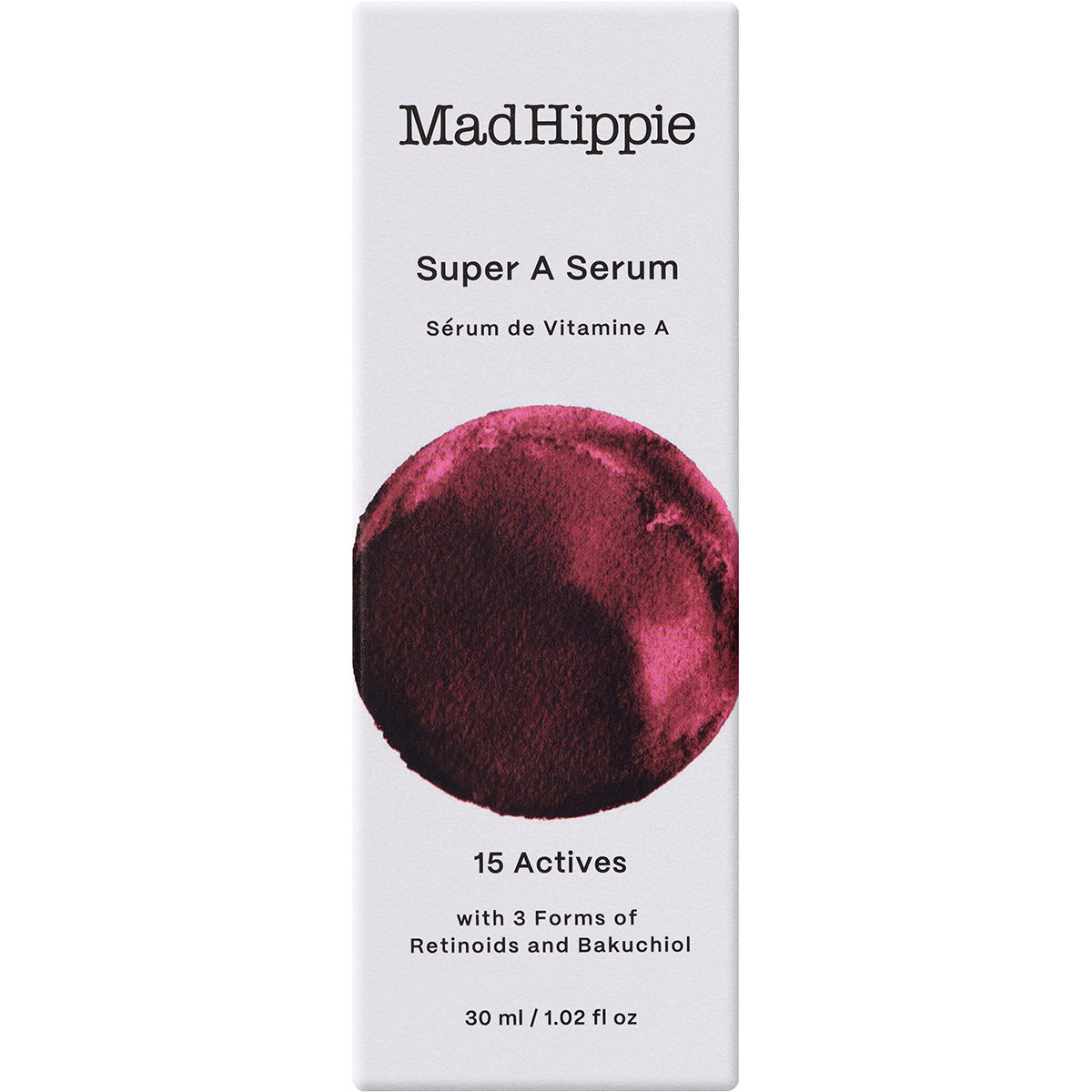 Mad Hippie Super A Serum box packaging, featuring a white rectangular box with black text and a central circular graphic of a deep magenta-pink textured sphere.