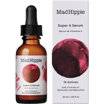 Mad Hippie Super A Serum in an amber glass dropper bottle next to its white packaging box, featuring a red apple graphic on both items.