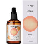 Mad Hippie Vitamin C Toning Mist in an amber glass spray bottle next to its white packaging box, featuring a peach-colored circular graphic on both.
