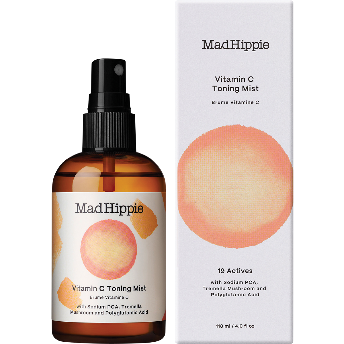 Mad Hippie Vitamin C Toning Mist in an amber glass spray bottle next to its white packaging box, featuring a peach-colored circular graphic on both.