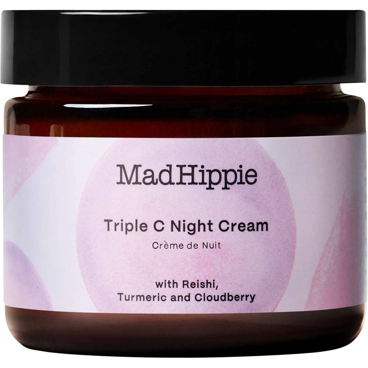 Mad Hippie Triple C Night Cream in an amber glass jar with a black lid and a light pink label.