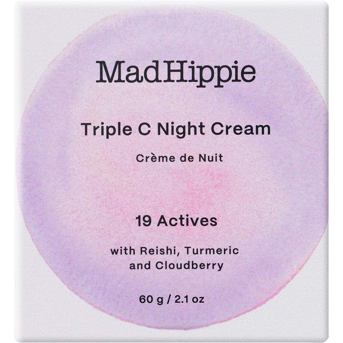 Mad Hippie Triple C Night Cream packaging showing a white square box with a large lavender and pink watercolor circle on the front, featuring black text.
