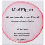 Mad Hippie Microdermabrasion Facial product packaging, featuring a white square box with a large pink watercolor circle and black text detailing the 13-actives facial treatment.
