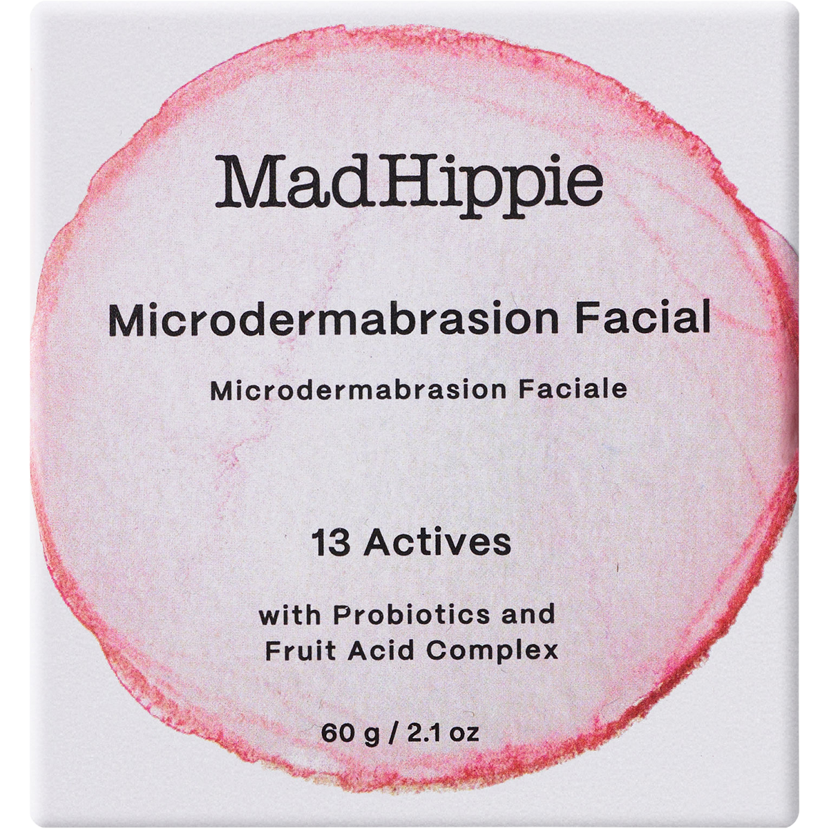 Mad Hippie Microdermabrasion Facial product packaging, featuring a white square box with a large pink watercolor circle and black text detailing the 13-actives facial treatment.