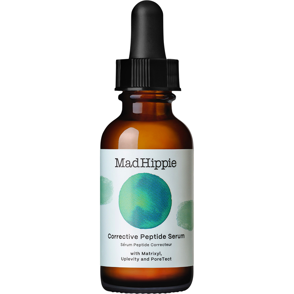 Mad Hippie Corrective Peptide Serum in an amber glass dropper bottle with a black cap and a white label featuring a green circular graphic.