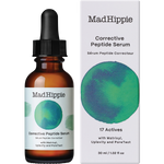 Mad Hippie Corrective Peptide Serum in an amber glass dropper bottle next to its white cardboard packaging box, featuring a green and teal circular graphic on both.
