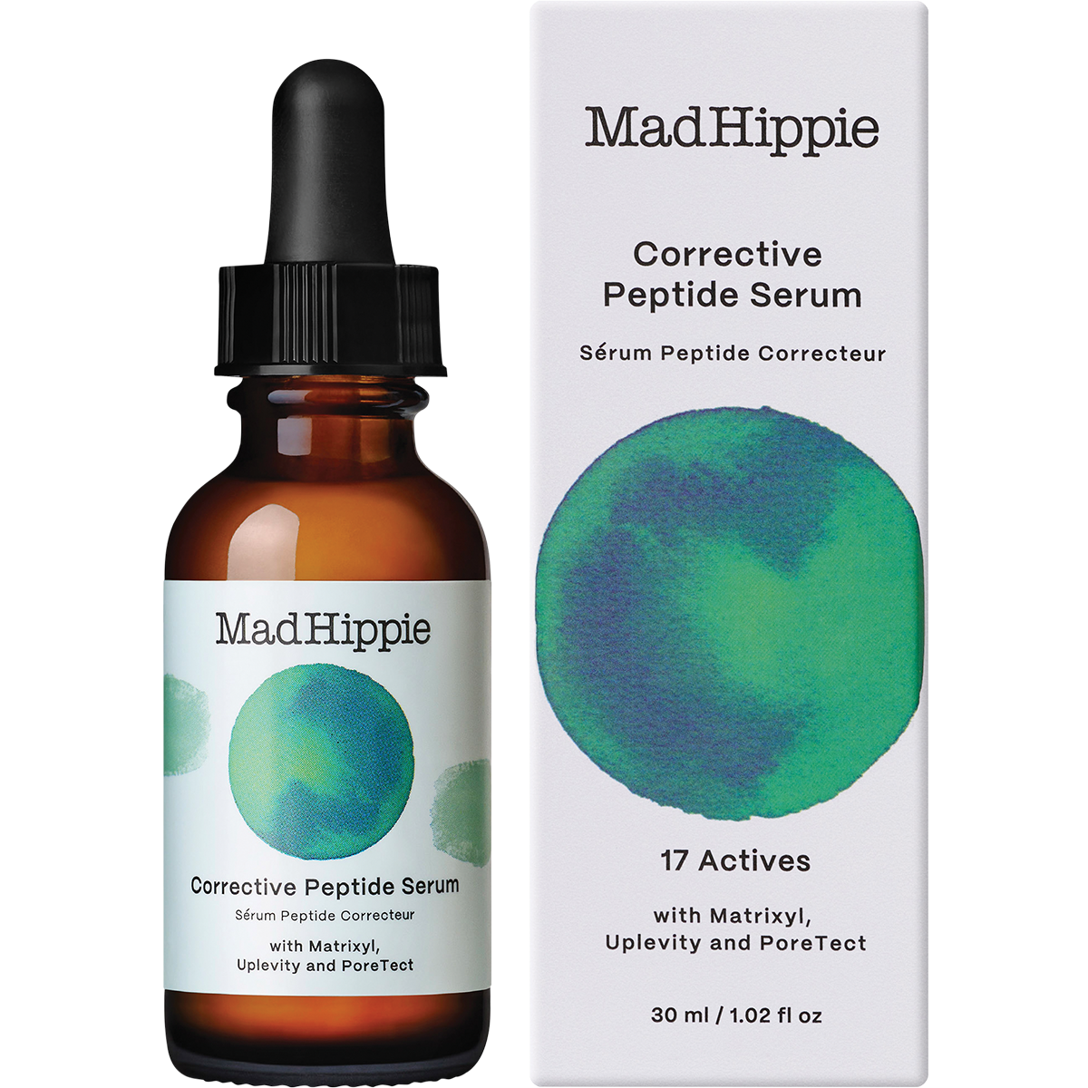 Mad Hippie Corrective Peptide Serum in an amber glass dropper bottle next to its white cardboard packaging box, featuring a green and teal circular graphic on both.
